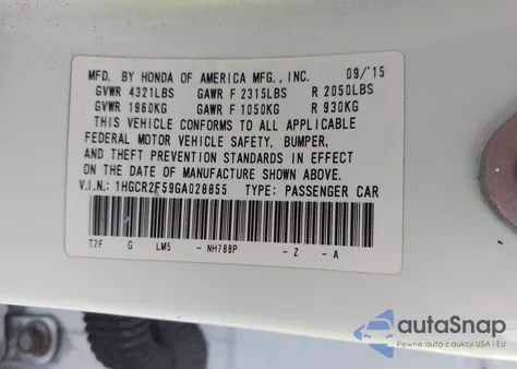 2016 Honda Accord Sport from USA, damaged, VIN 1HGCR2F59GA028855